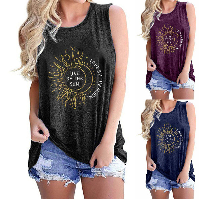 Ladies Vest Sunflower Sun Love Moon Print Round Neck Sleeveless T-shirt