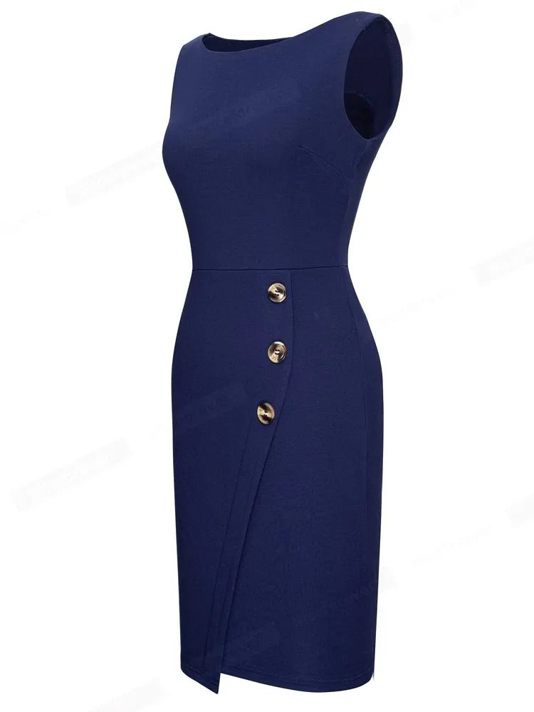 Fashion Ladies Mid Waist Round Neck Sleeveless Button Dress