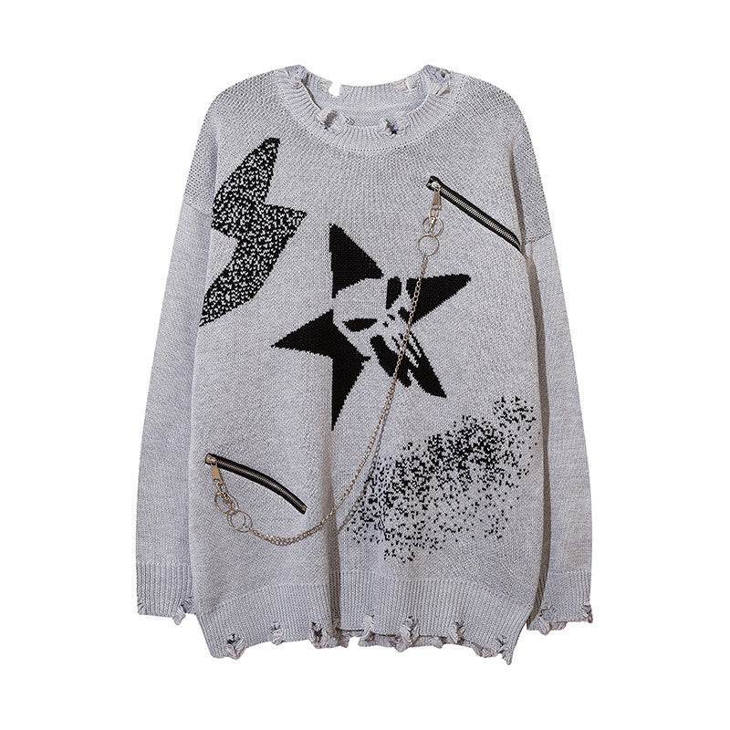 Ladies Zipper Busted Cut Torn Sweater