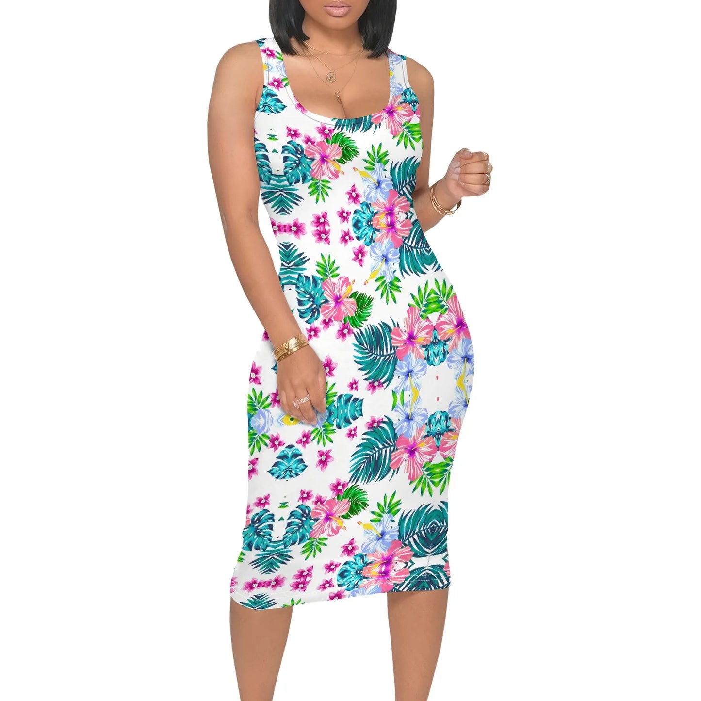 Women's Sleeveless Tropical Leaf Dress S-3XL White Bodycon Beachwear for Vacation Cruise or Hawaiian Summer Party Outfit