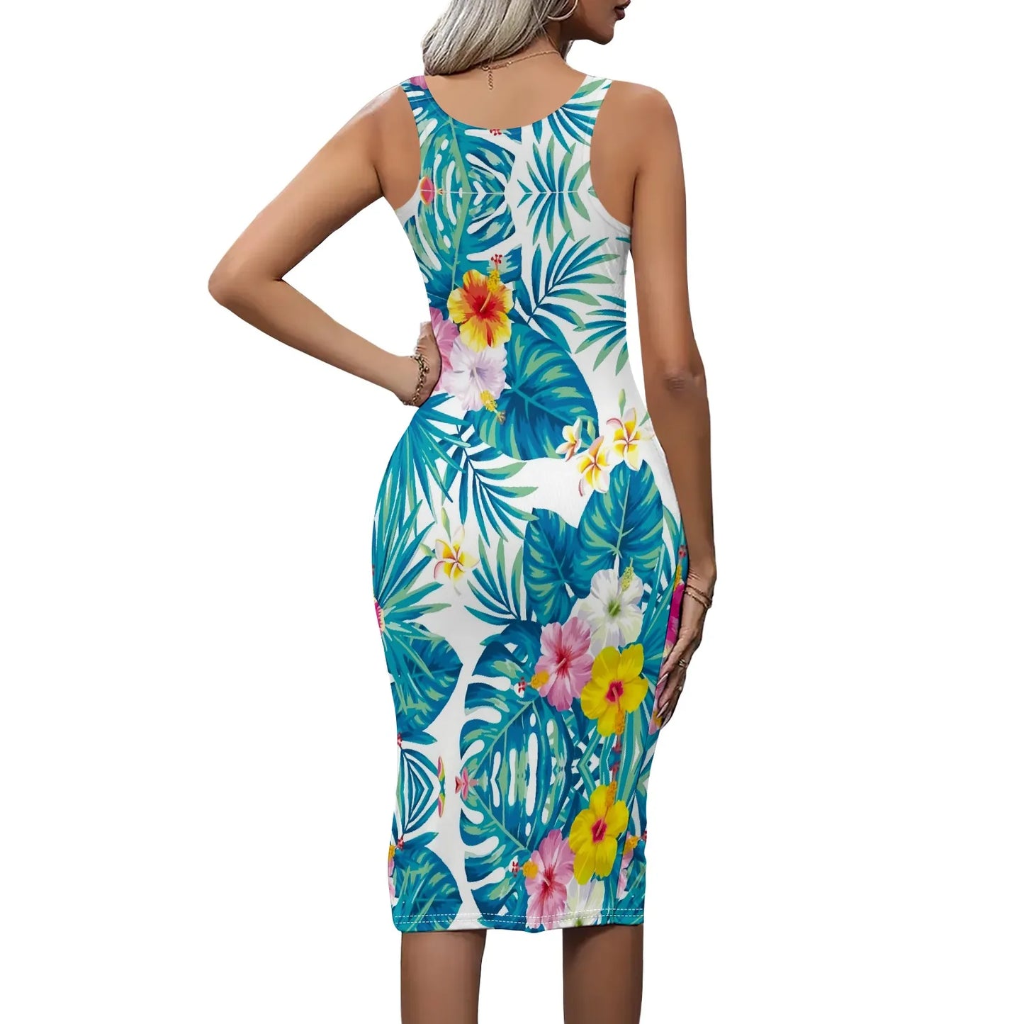 Women's Sleeveless Tropical Leaf Dress S-3XL White Bodycon Beachwear for Vacation Cruise or Hawaiian Summer Party Outfit