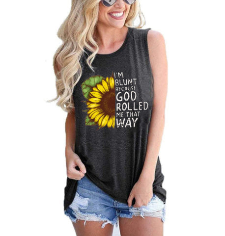 Ladies Vest Sunflower Sun Love Moon Print Round Neck Sleeveless T-shirt