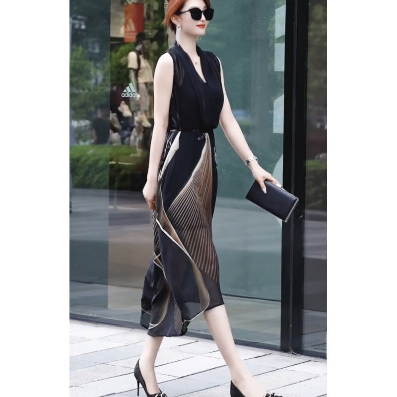 Ladies Two-piece Set Dress Simple Sleeveless Collar Casual