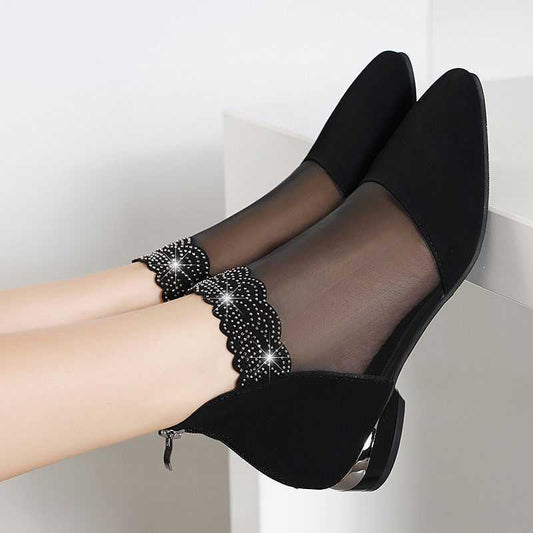 Rhinestone Sandals For Women Spring And Summer New Rhinestone Net Boots Hollow-out Flat Heel Flat Chunky Heel Frosted Closed Toe Sandal Boots
