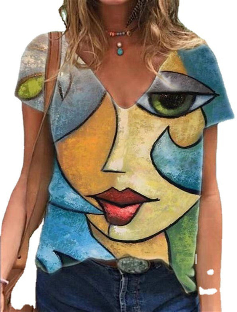 Portrait Printed V-neck Ladies' Short Sleeve T-shirt