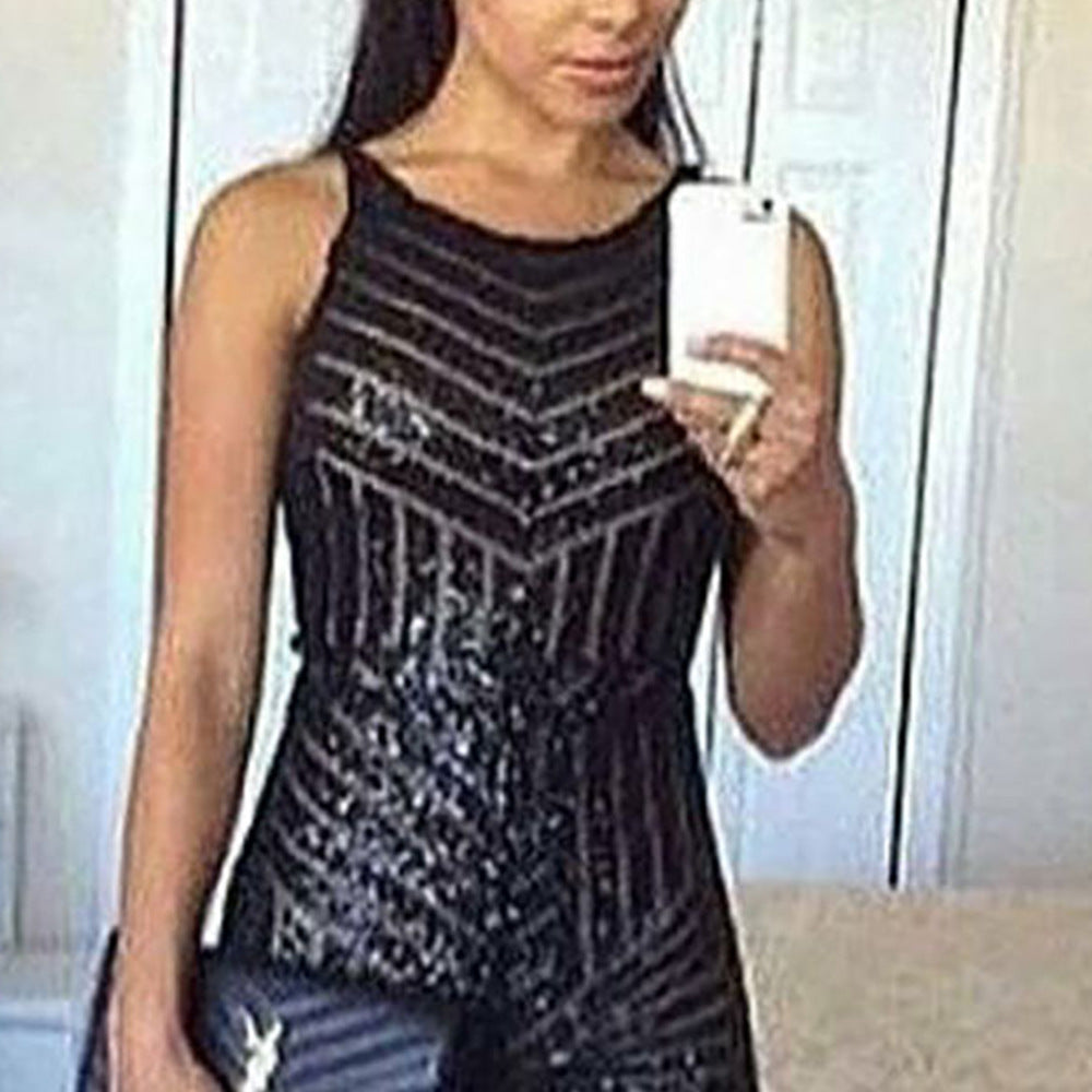 Sleeveless Sequined High Waist Ladies Casual Jumpsuit