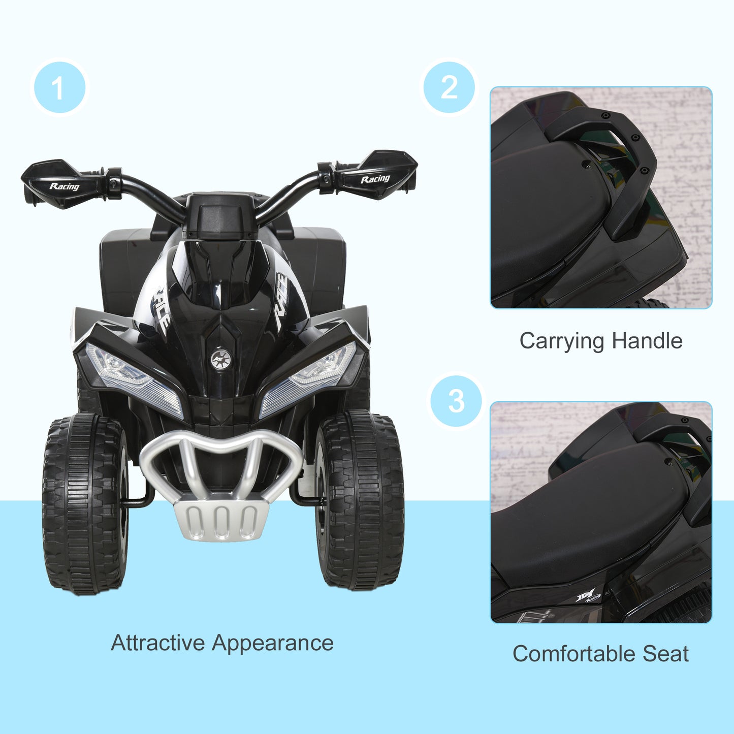 NO Power Kids Ride On Push Car, Ride Racer, Foot-to-floor Sliding Car, Walking ATV Toy With Music, Lights, For 1.5-3 Years Old, Black