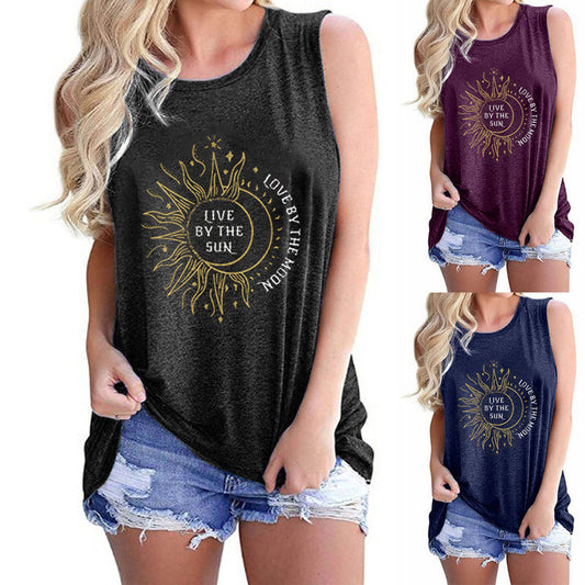 Ladies Vest Sunflower Sun Love Moon Print Round Neck Sleeveless T-shirt