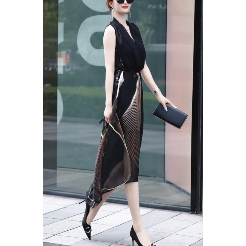 Ladies Two-piece Set Dress Simple Sleeveless Collar Casual