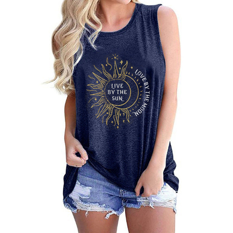 Ladies Vest Sunflower Sun Love Moon Print Round Neck Sleeveless T-shirt