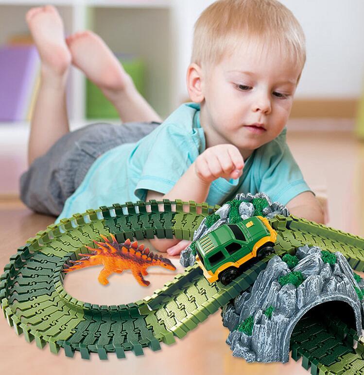 Dinosaur Toys Race Track Sets with 144 Pieces Flexible Tracks 3 Dinosaurs,1 Military Vehicles,1 Tree and 2 In 1 Tunnel for 2 3 4
