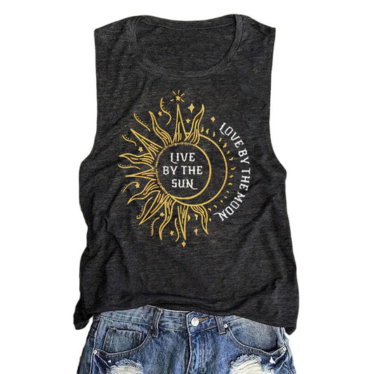 Ladies Vest Sunflower Sun Love Moon Print Round Neck Sleeveless T-shirt