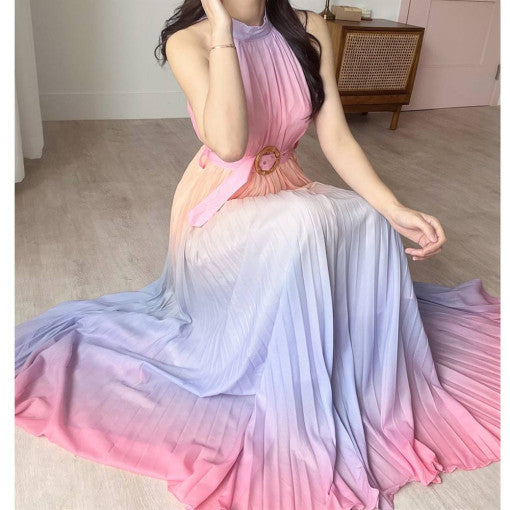 Ladies Gradient Color Pleated A-Line Sleeveless High Waist Dress