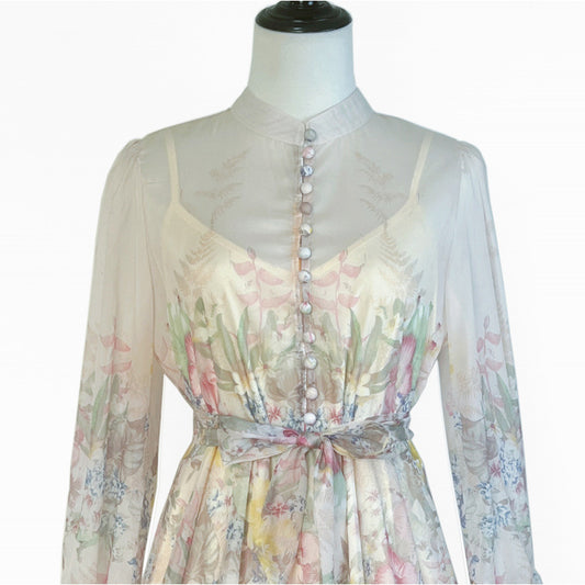 Niche Design Printed Single-breasted Petal Long Sleeve Tight Waist Beautiful Dress Women