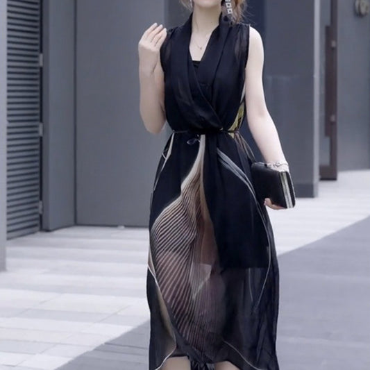 Ladies Two-piece Set Dress Simple Sleeveless Collar Casual