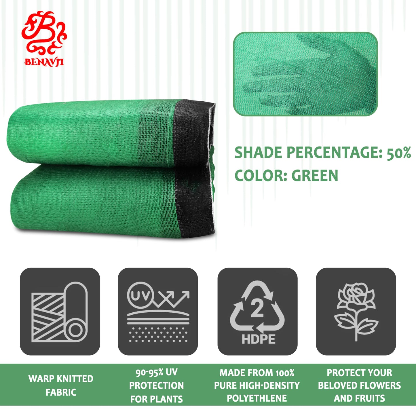 BENAVJI Green Shade Net, 50% UV Sun Protection, for Terrace, Garden, Green House, Balcony, & Gardening Multipurpose Agro Netting Size 5FTX16FT