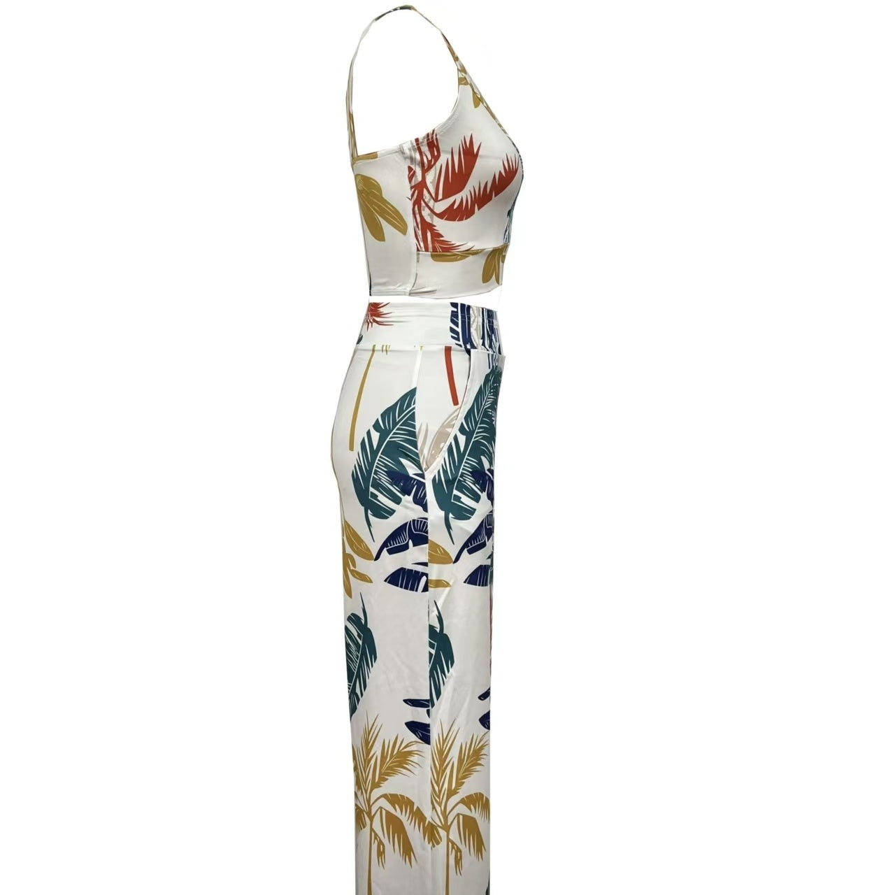 Ladies' European And American Contrasting Palm Tree Print Sleeveless Top Set Pants
