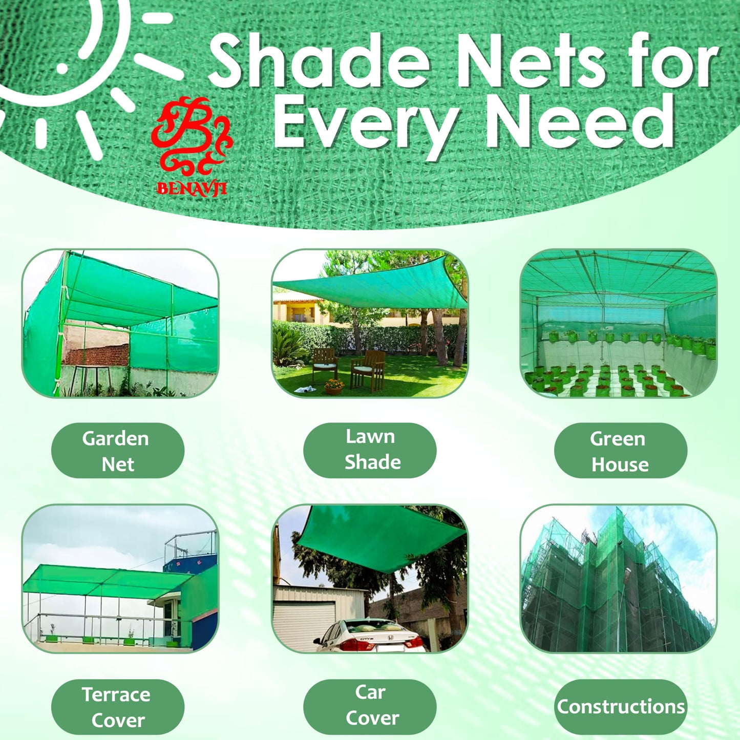 BENAVJI Green Shade Net, 50% UV Sun Protection, for Terrace, Garden, Green House, Balcony, & Gardening Multipurpose Agro Netting Size 5FTX16FT