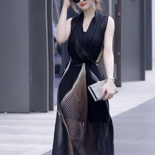 Ladies Two-piece Set Dress Simple Sleeveless Collar Casual
