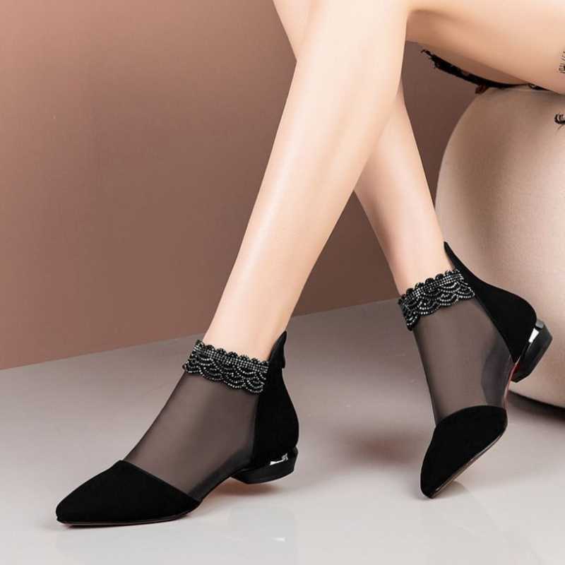 Rhinestone Sandals For Women Spring And Summer New Rhinestone Net Boots Hollow-out Flat Heel Flat Chunky Heel Frosted Closed Toe Sandal Boots