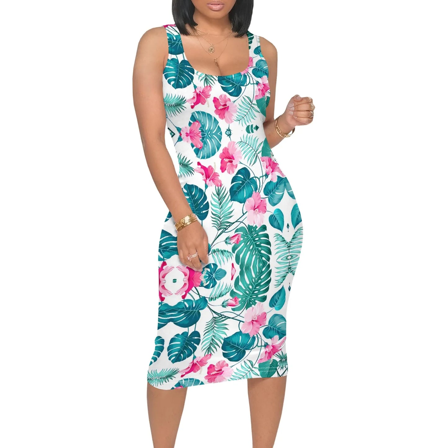 Women's Sleeveless Tropical Leaf Dress S-3XL White Bodycon Beachwear for Vacation Cruise or Hawaiian Summer Party Outfit