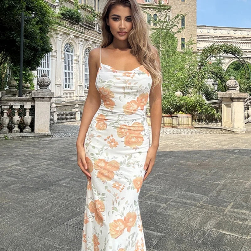 Summer Sleeveless Sexy Print Women Evening Dress Fashion Elegant Long Dresses Backless Slim FIt Clothing