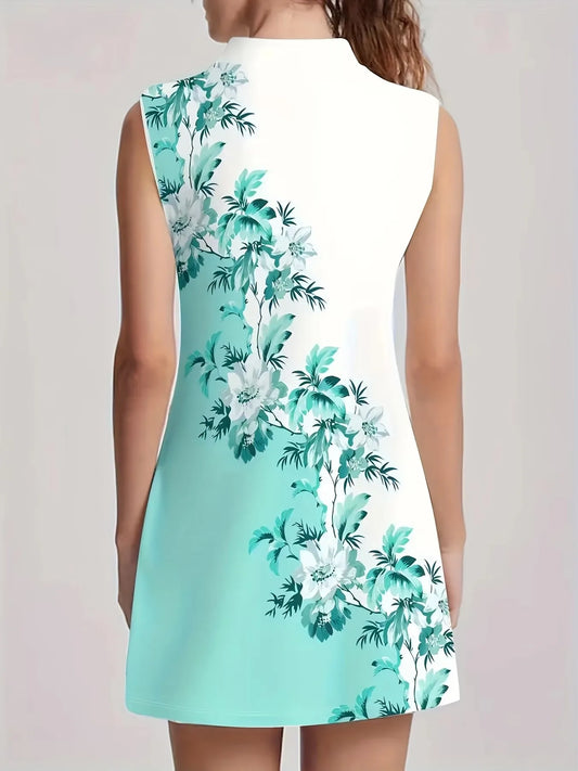 Women's Sleeveless A-Line Dress with Elastic Waist - Teal & White Floral Print, Lightweight Polyester-Spandex Blend, Machine Was