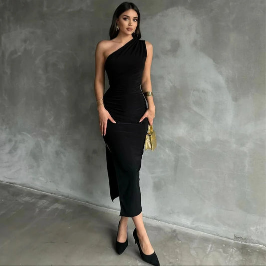 Summer Sexy Solid Color Fashion Sleeveless Slanted Shoulders Fold Exposed Back Side Slit Elegant Casual Maxi Slim Long Dress Wom
