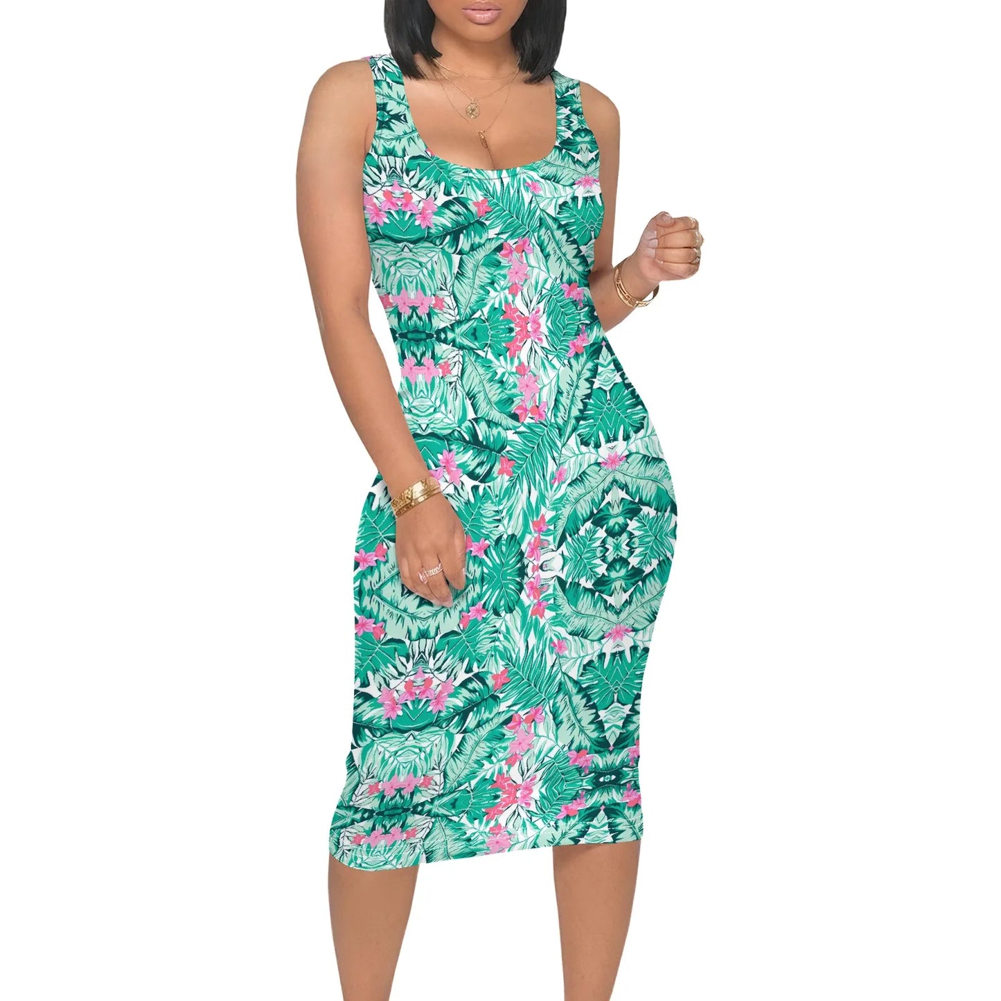 Women's Sleeveless Tropical Leaf Dress S-3XL White Bodycon Beachwear for Vacation Cruise or Hawaiian Summer Party Outfit