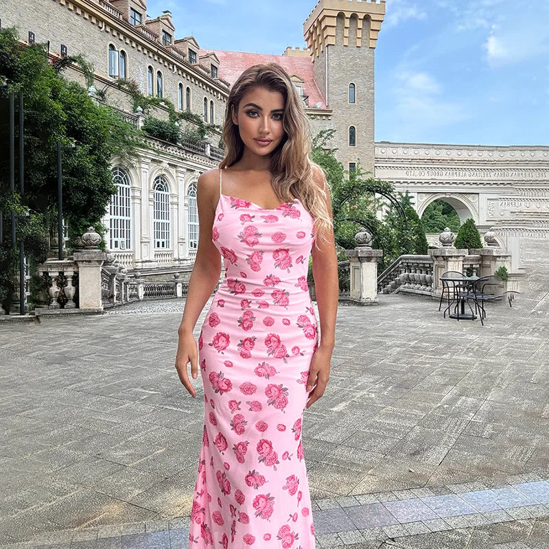 Summer Sleeveless Sexy Print Women Evening Dress Fashion Elegant Long Dresses Backless Slim FIt Clothing