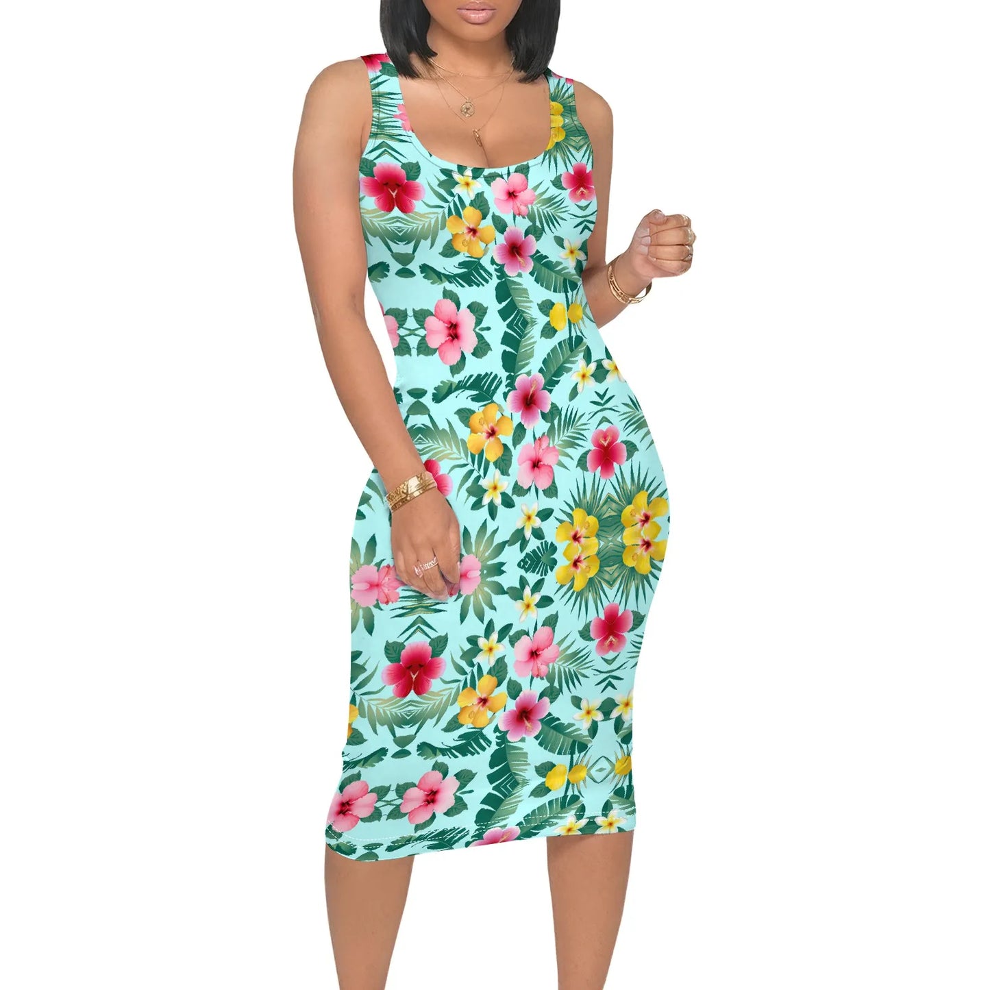 Women's Sleeveless Tropical Leaf Dress S-3XL White Bodycon Beachwear for Vacation Cruise or Hawaiian Summer Party Outfit