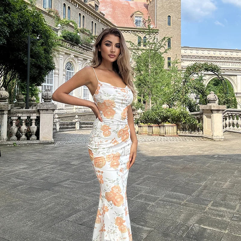 Summer Sleeveless Sexy Print Women Evening Dress Fashion Elegant Long Dresses Backless Slim FIt Clothing