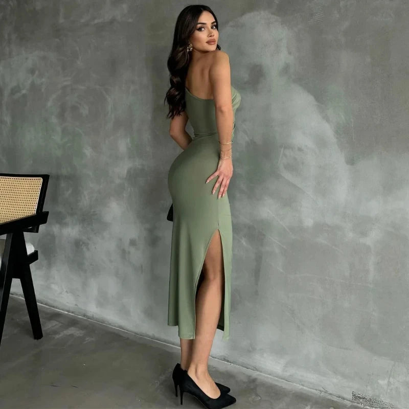 Summer Sexy Solid Color Fashion Sleeveless Slanted Shoulders Fold Exposed Back Side Slit Elegant Casual Maxi Slim Long Dress Wom