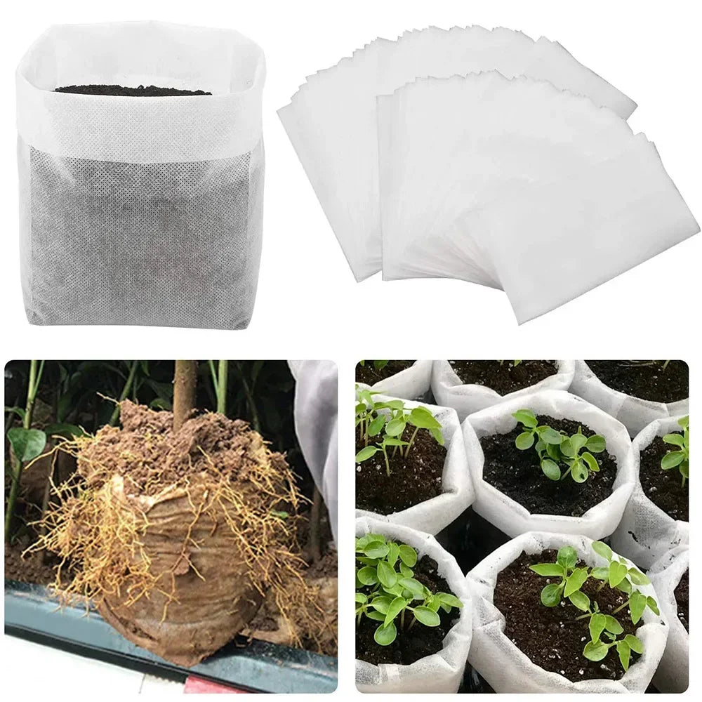 Eco-Friendly Biodegradable Nursery Bags for Plant Growth - Set of 100 Non-woven Fabric Seed Sowing Flower Pots Gardening Tools