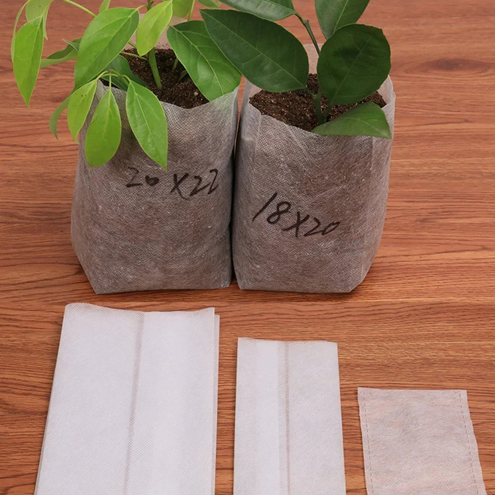 Eco-Friendly Biodegradable Nursery Bags for Plant Growth - Set of 100 Non-woven Fabric Seed Sowing Flower Pots Gardening Tools