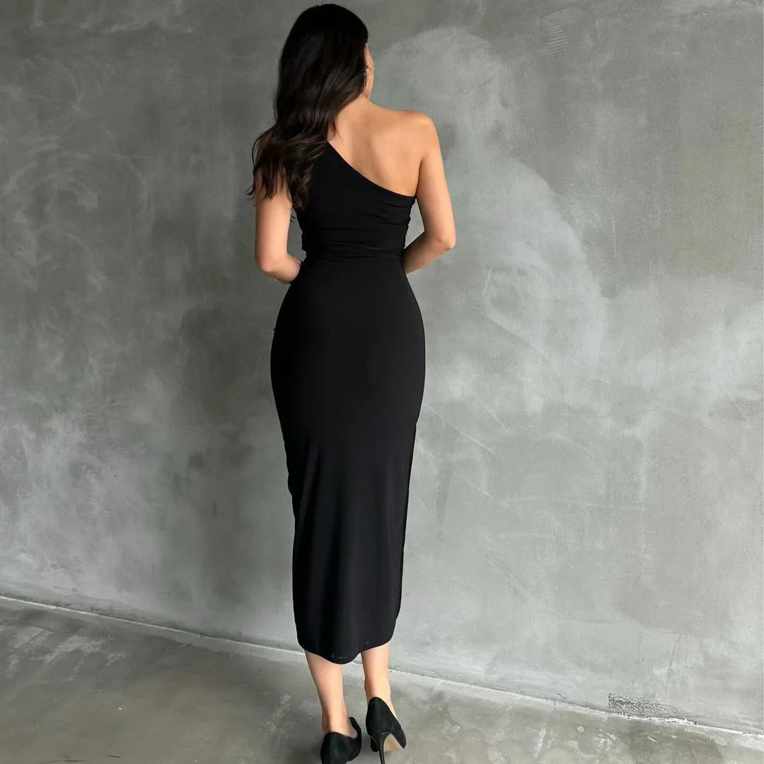 Summer Sexy Solid Color Fashion Sleeveless Slanted Shoulders Fold Exposed Back Side Slit Elegant Casual Maxi Slim Long Dress Wom