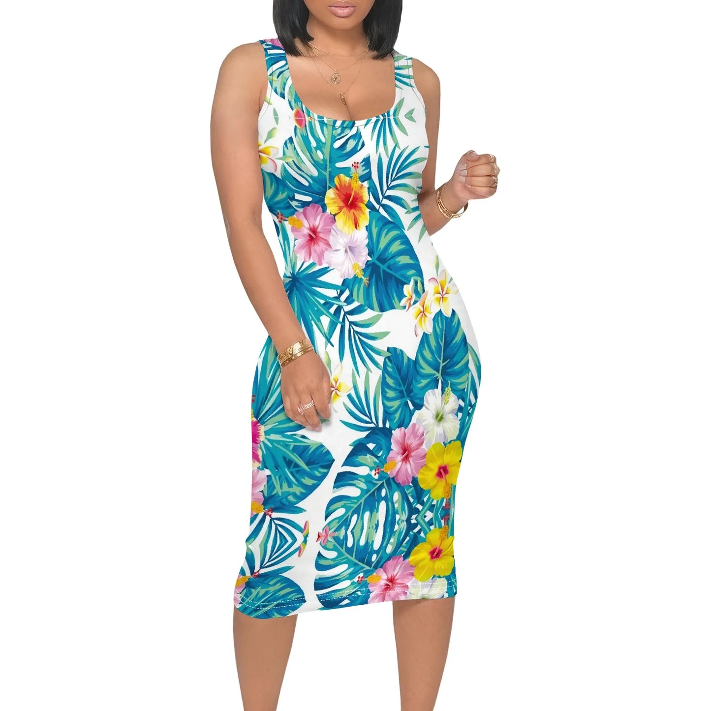 Women's Sleeveless Tropical Leaf Dress S-3XL White Bodycon Beachwear for Vacation Cruise or Hawaiian Summer Party Outfit