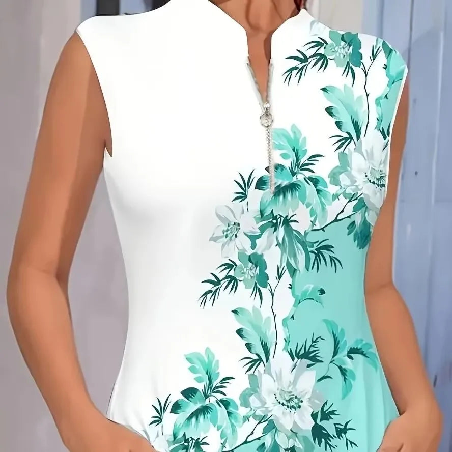 Women's Sleeveless A-Line Dress with Elastic Waist - Teal & White Floral Print, Lightweight Polyester-Spandex Blend, Machine Was