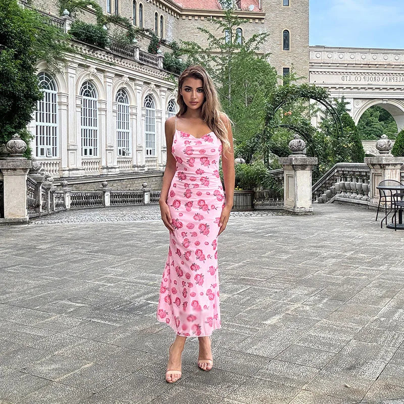 Summer Sleeveless Sexy Print Women Evening Dress Fashion Elegant Long Dresses Backless Slim FIt Clothing