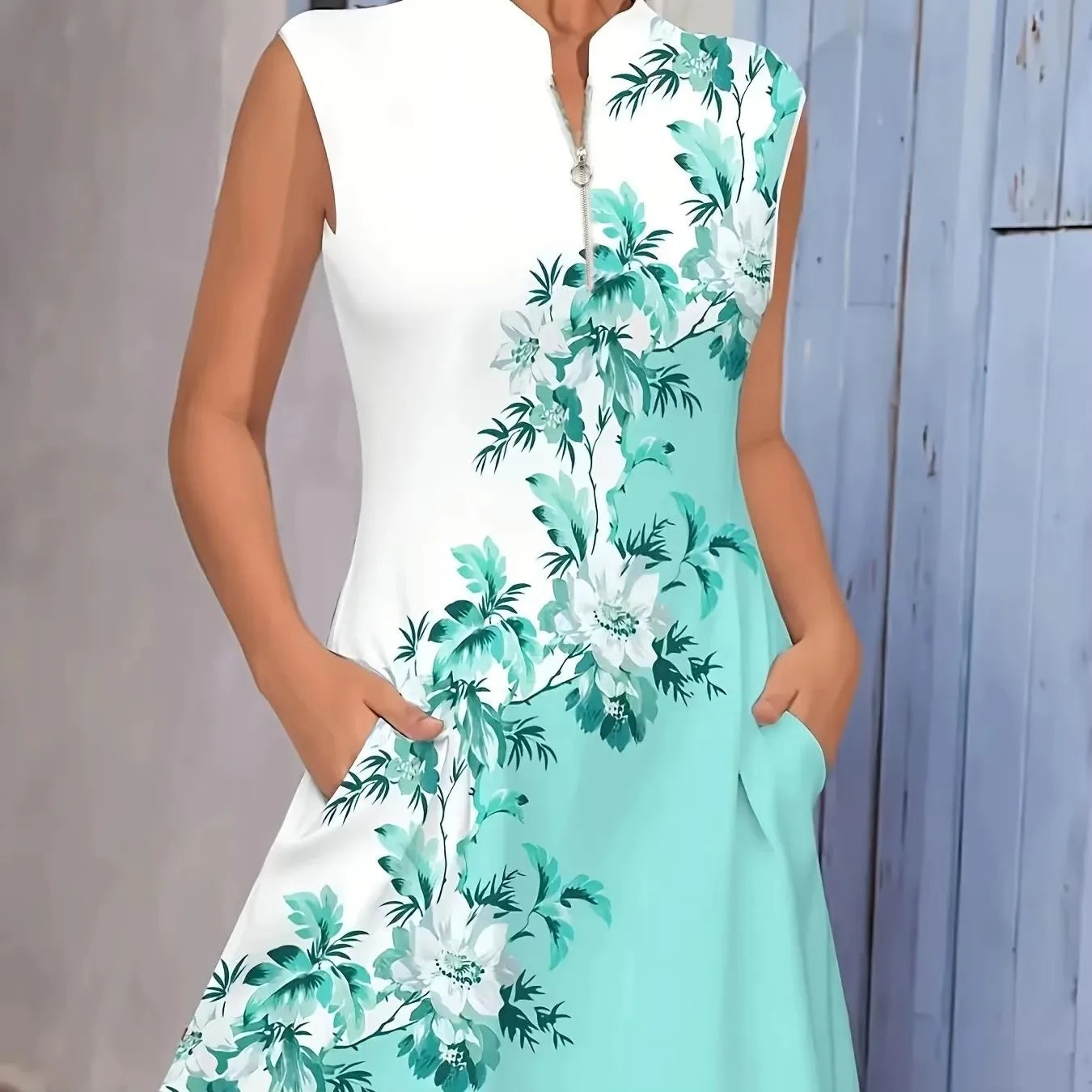 Women's Sleeveless A-Line Dress with Elastic Waist - Teal & White Floral Print, Lightweight Polyester-Spandex Blend, Machine Was