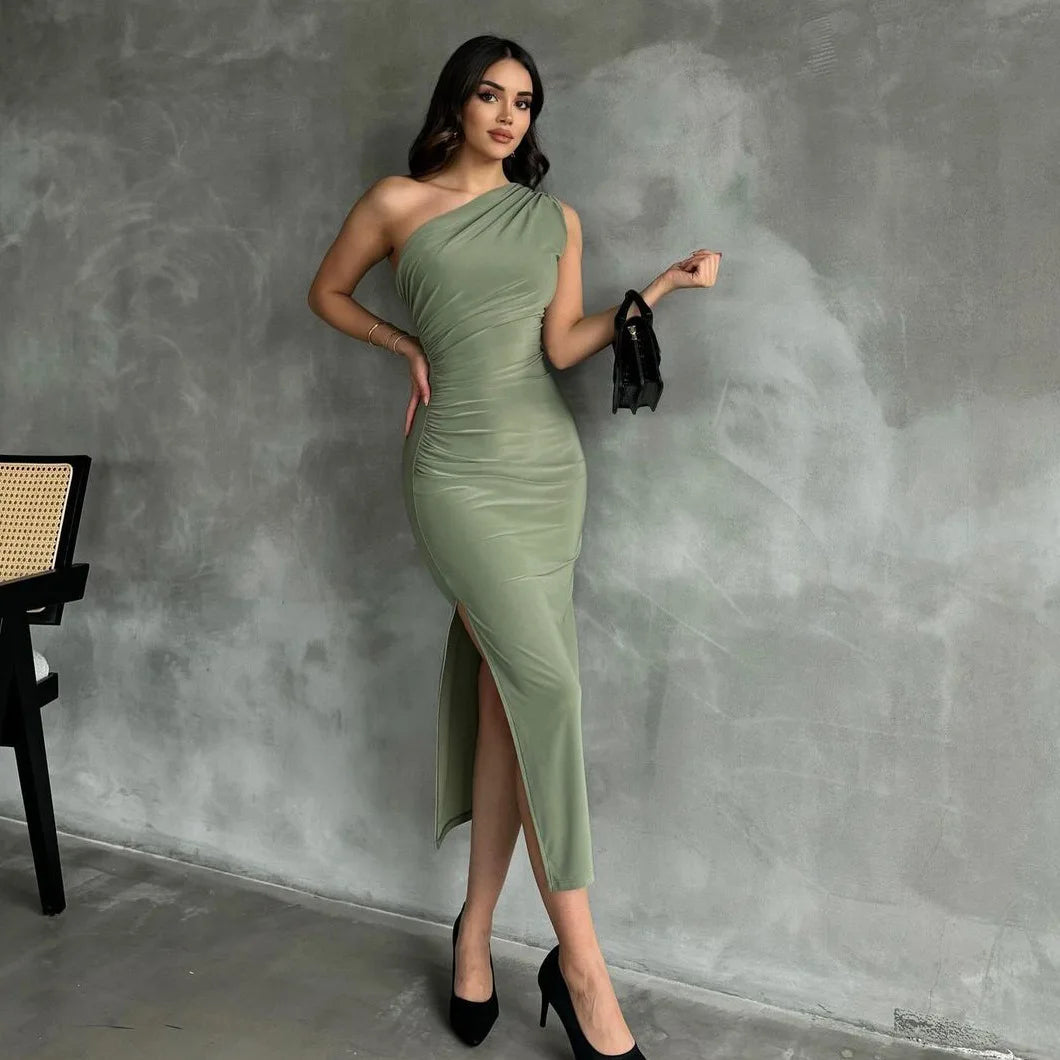 Summer Sexy Solid Color Fashion Sleeveless Slanted Shoulders Fold Exposed Back Side Slit Elegant Casual Maxi Slim Long Dress Wom
