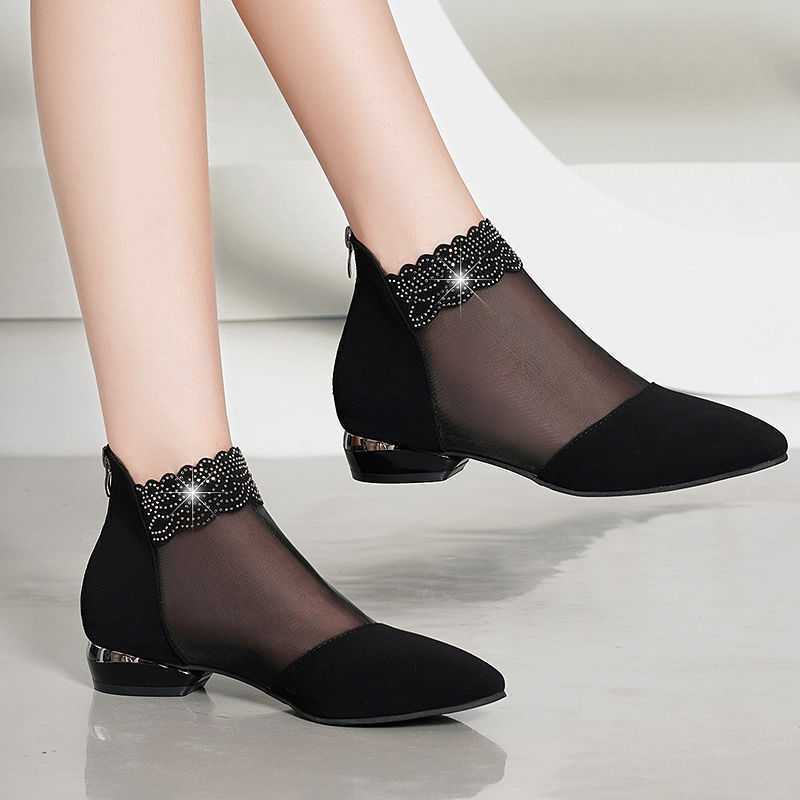 Rhinestone Sandals For Women Spring And Summer New Rhinestone Net Boots Hollow-out Flat Heel Flat Chunky Heel Frosted Closed Toe Sandal Boots