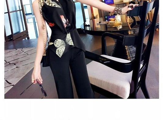 Ladies Contrast Color Sleeveless Printed Two-Piece Set