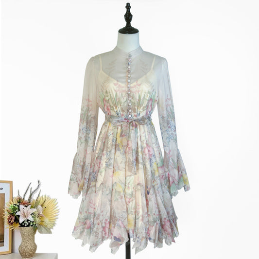 Niche Design Printed Single-breasted Petal Long Sleeve Tight Waist Beautiful Dress Women