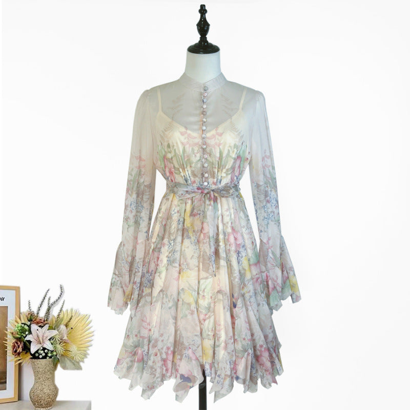 Niche Design Printed Single-breasted Petal Long Sleeve Tight Waist Beautiful Dress Women