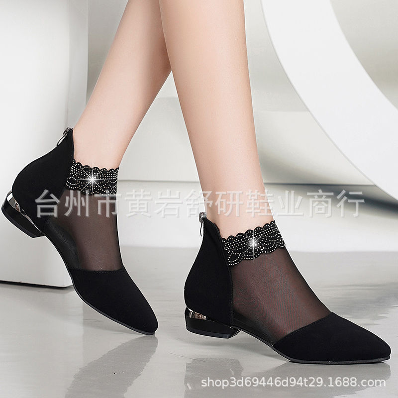 Rhinestone Sandals For Women Spring And Summer New Rhinestone Net Boots Hollow-out Flat Heel Flat Chunky Heel Frosted Closed Toe Sandal Boots