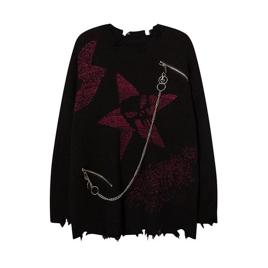 Ladies Zipper Busted Cut Torn Sweater
