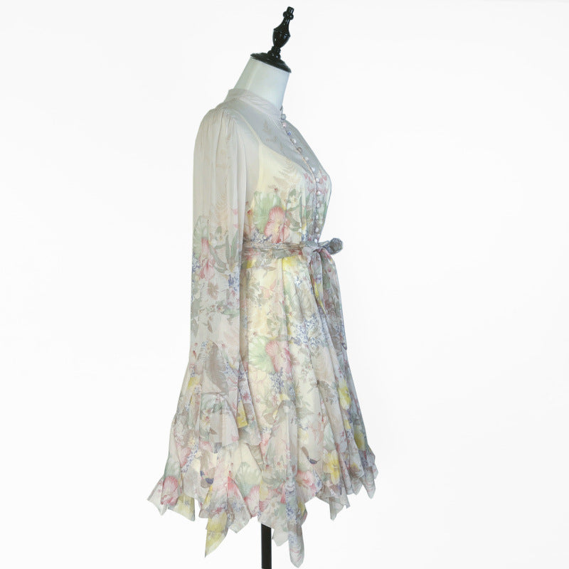 Niche Design Printed Single-breasted Petal Long Sleeve Tight Waist Beautiful Dress Women