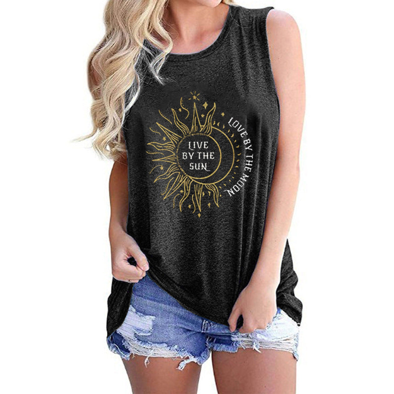 Ladies Vest Sunflower Sun Love Moon Print Round Neck Sleeveless T-shirt