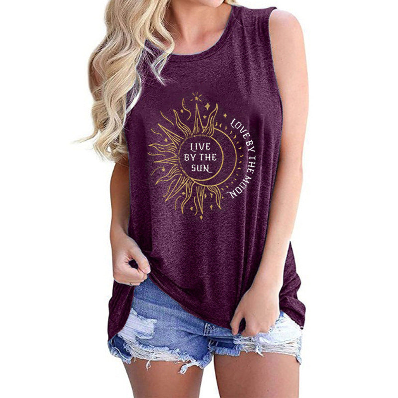 Ladies Vest Sunflower Sun Love Moon Print Round Neck Sleeveless T-shirt